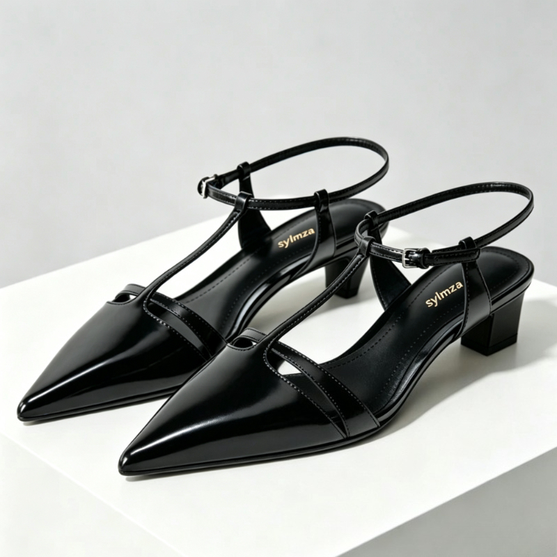 Dress Shoe Pointed - Couro de patente gatinho salto feminino